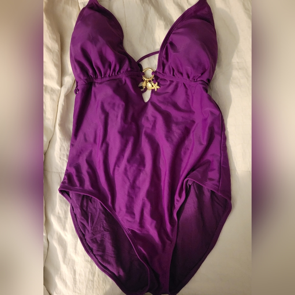 Purple One-Piece Swimsuit w Stylish Open Neckline